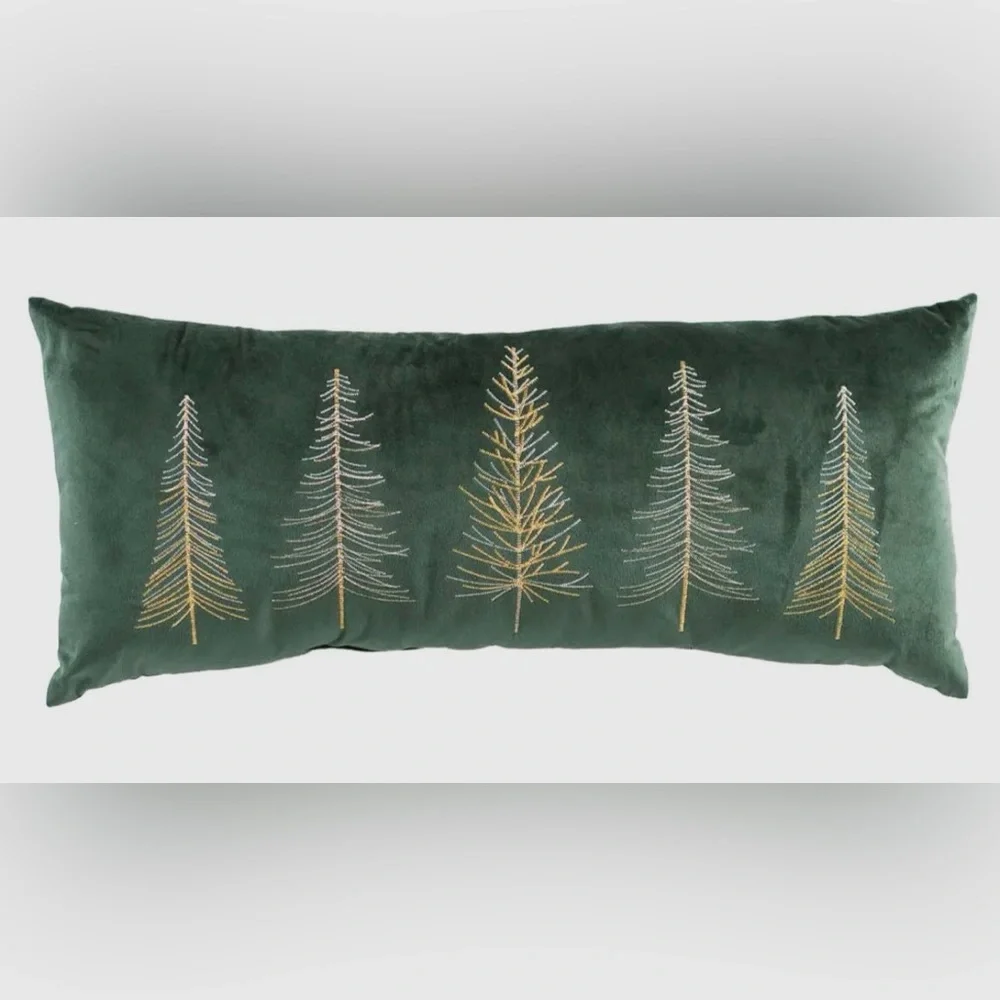 Green Holiday Rectangle Pillow with Gold Tree Embroidery